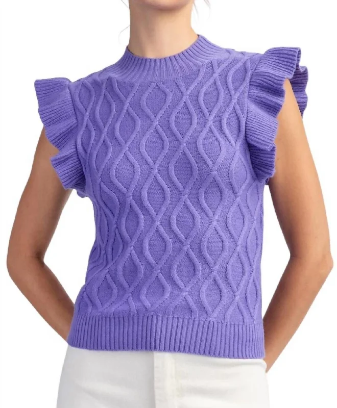 Floral Style Ruffle Sleeve Textured Sleeve Sweater Top In Purple