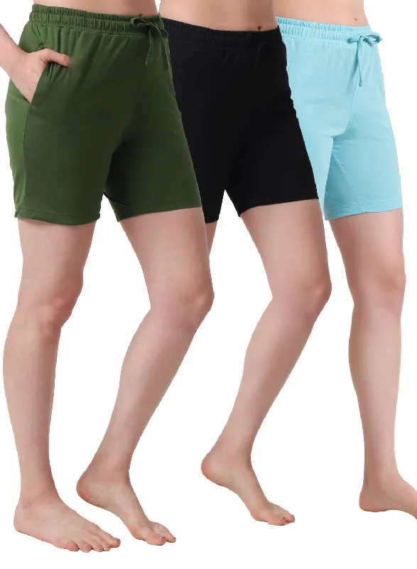 Mega Sales T.T. Women Regular Fit Poly Jersey Solid Short Pack Of 3-Black-Olive-Turquoise