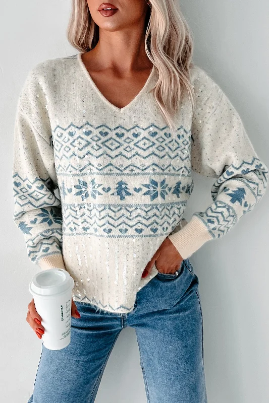 Stay Ahead In Style Forecasting Snow Sequin Holiday Sweater (Cream/Blue)