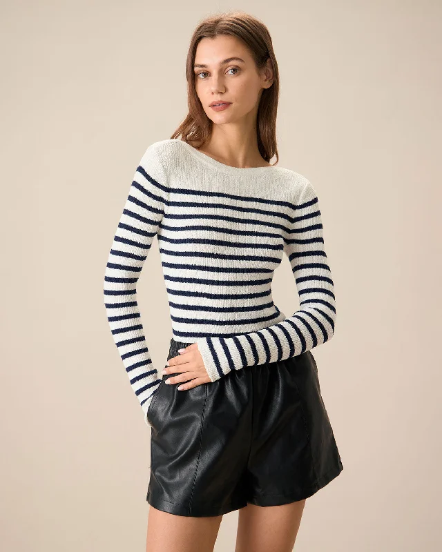 Urban Femme Streetwear Women's Navy Boat Neck Slim Striped Sweater