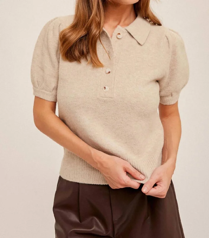 Huge Price Cut Brushed Texture Collared Polo Sweater Top In Taupe