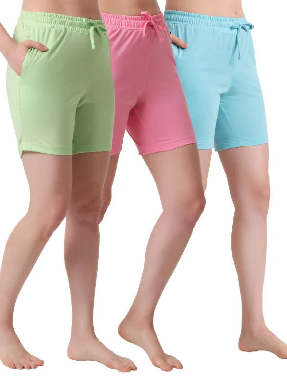 Spring Fashion T.T. Women Regular Fit Poly Jersey Solid Short Pack Of 3-Green-Pink-Turquoise