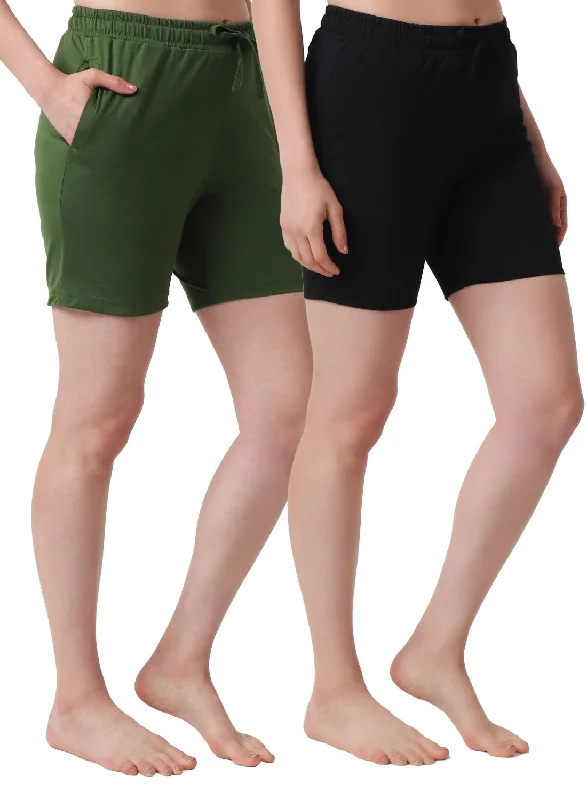 Elevate Your Wardrobe T.T. Women Regular Fit Poly Jersey Solid Short Pack Of 2-Black-Olive