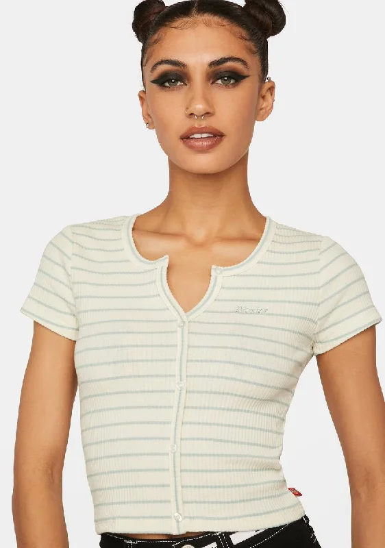 Clearance Event SS Crop Button Front Striped Tee