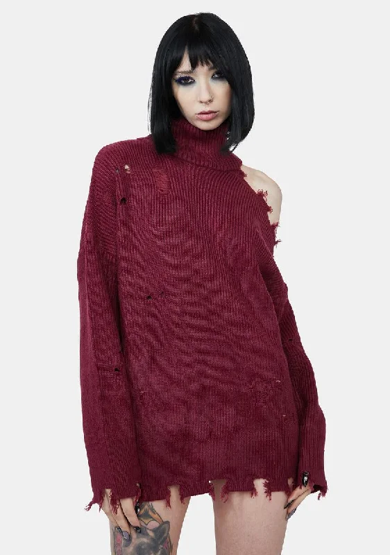 Trendy Fashion For Women Plum Reaching Out Distressed Sweater