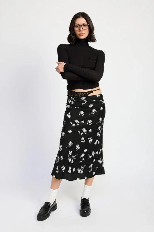 Colorful Clothing Hot Girl Petal Noir Asymmetrical Lace Waist Floral Satin Midi Skirt In Black