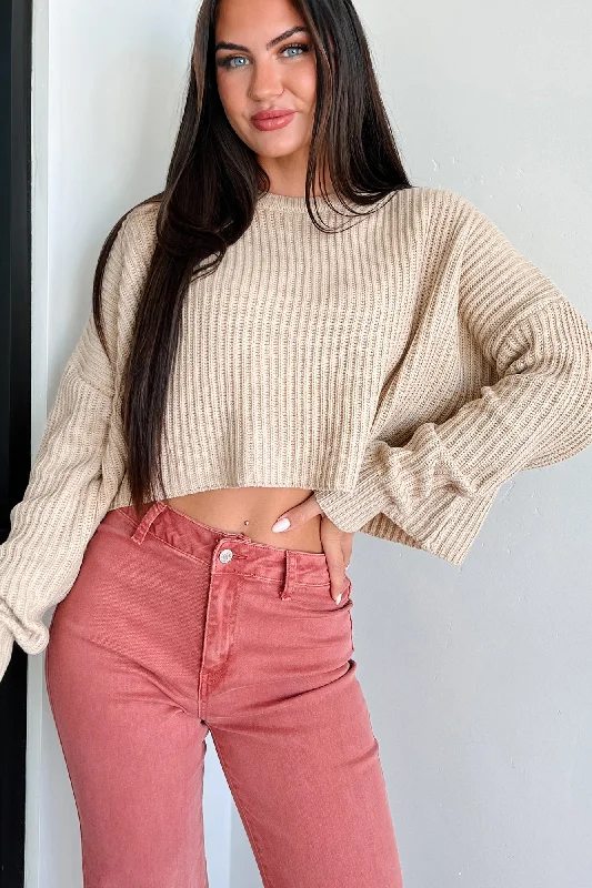 Trendy Women's Wear Collection Coziest Memories Crewneck Crop Sweater (Taupe)