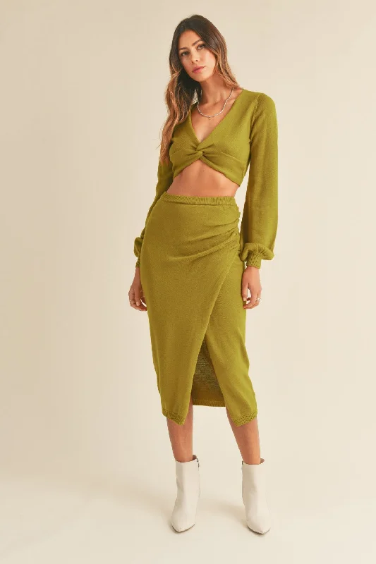 Last Chance Sale Hot Girl MABLE Front Twisted Knit Top and Midi Skirt Set In Avocado Green