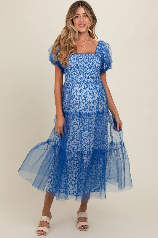 Trend Forward Threads For Her Blue Floral Lined Smocked Tulle Maternity Midi Dress