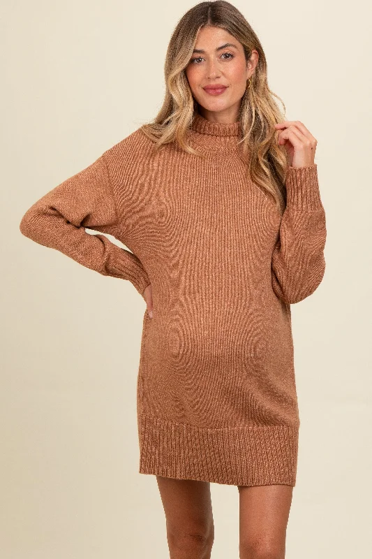 Big Discounts Camel Turtle Neck Maternity Mini Sweater Dress