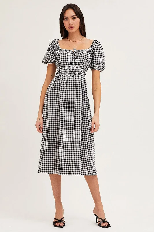 Style Upgrade Check Dress Short Sleeve Midi Square Neck