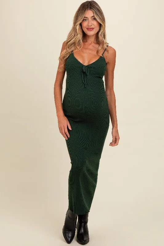 Trend Forward Women's Wear Forest Green Knit Front Tie Detail Maternity Maxi Dress