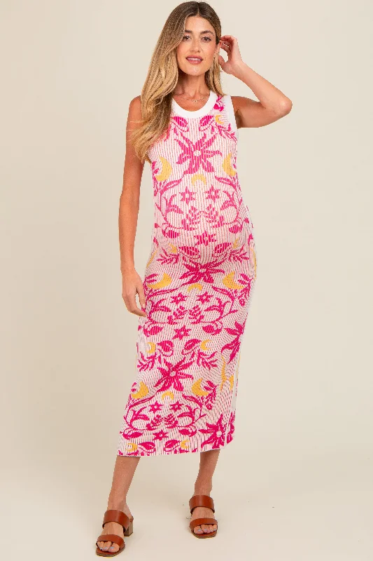 Trend Alert Fuchsia Floral Sleeveless Maternity Midi Dress