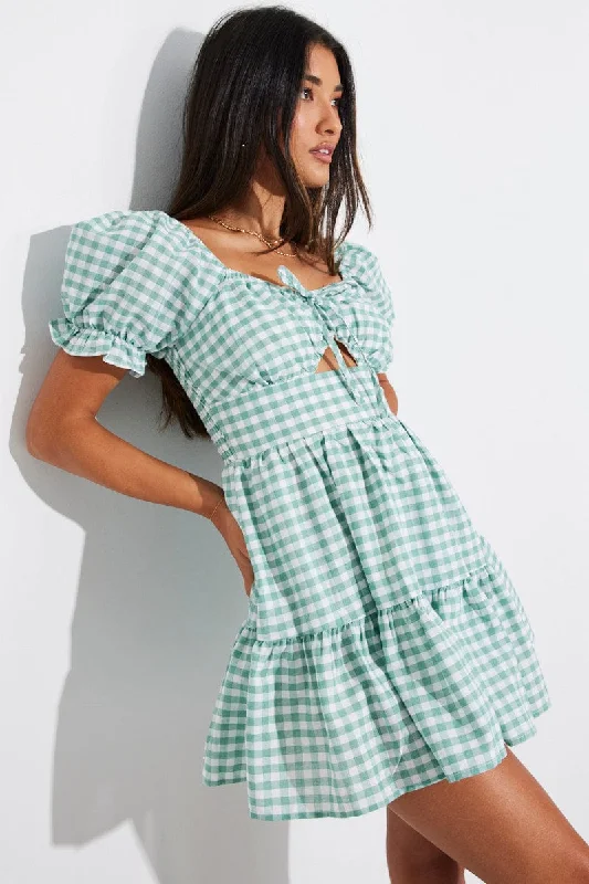 Wardrobe Upgrade Green Check Fit and Flare Dress Short Sleeve Tiered Cut Out