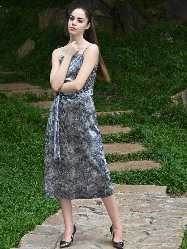 Your Timeless Wardrobe Awaits Odette Women Grey Printed Velvet With Lycra Solid Stitched Dress