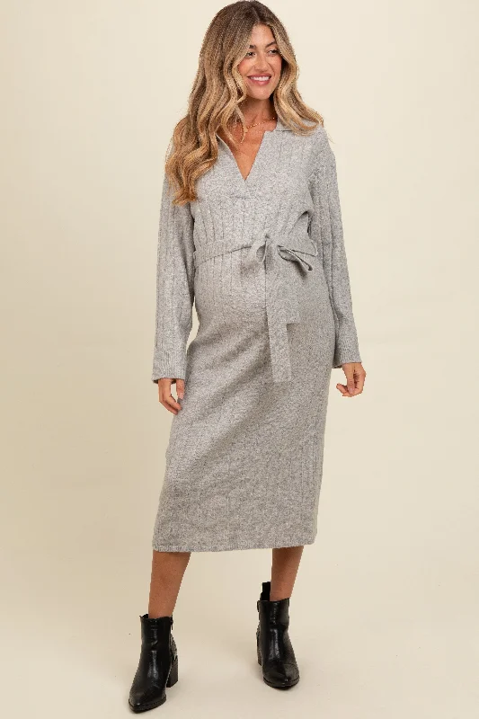 Versatile Wardrobe Essentials Heather Grey Ribbed Sweater Collared Maternity Midi Dress