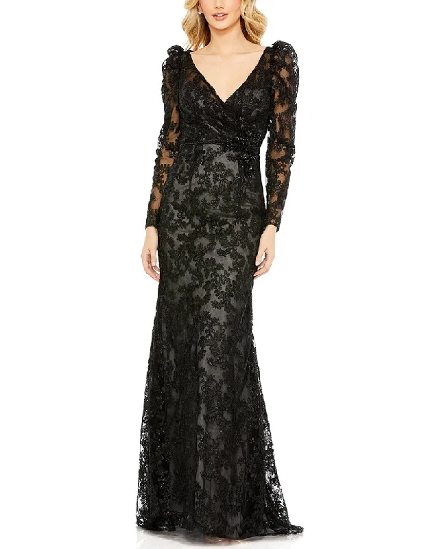 Trendy New Clothes Mac Duggal Embroidered Lace Puff Sleeve Wrap Over Gown