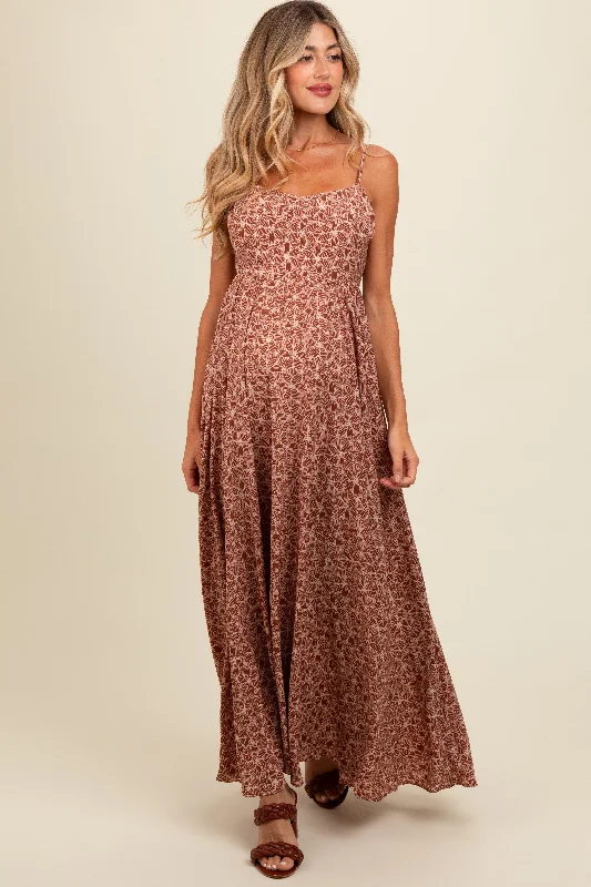 Fashion Forward Femme Mauve Floral Cutout Tie Back Maternity Maxi Dress