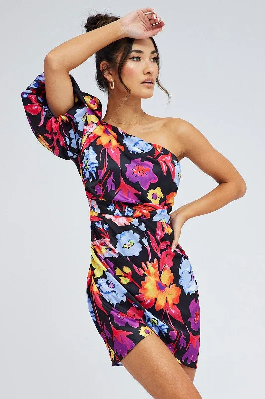 Weekend Exclusive Multi Floral One Shoulder Puff Sleeve Statement Mini Dress