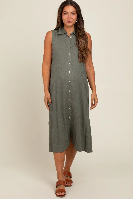 Versatile Wardrobe Essentials Olive Linen Button Down Maternity Midi Dress