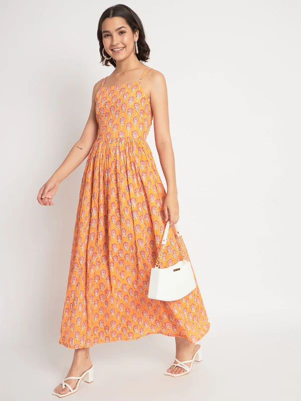 Trend Forward Threads For Her Odette Women Orange Cotton Embroidered Stitched Indo Western Dress