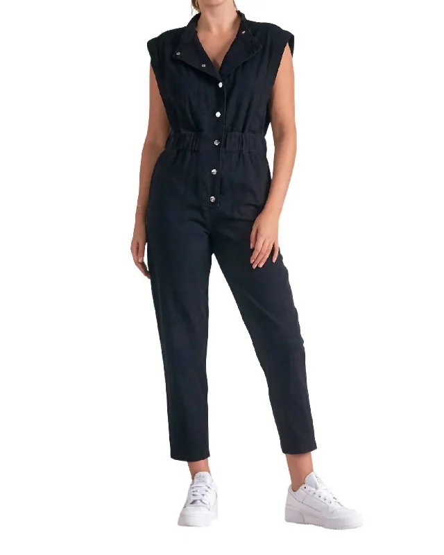 Vintage Look Buttoned Front Sleeveless Jumpsuit In Black