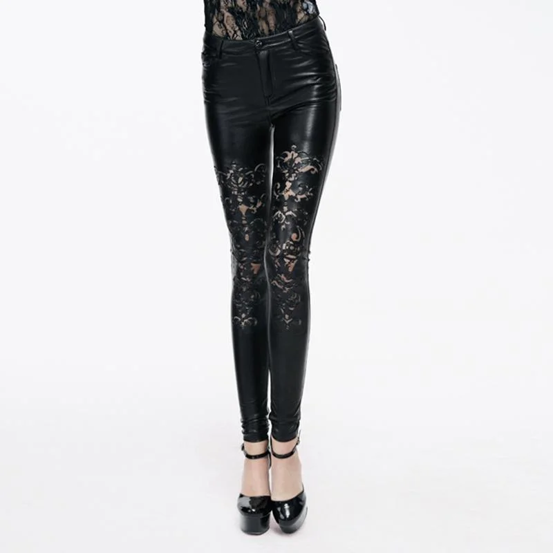 Trendy New Clothes Women's Cutwork Design Faux Leather Punk Trousers