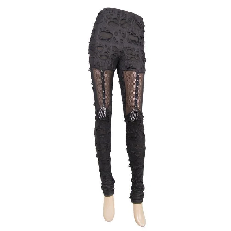 Athleisure Wear Promotion Women's Distressed Faux Leather and Mesh Goth Leggings With Skeletal Hand