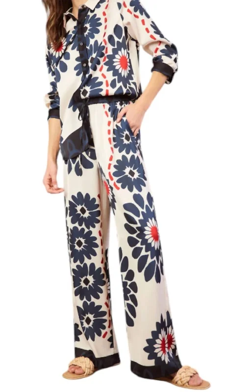 Effortless Style Floral Print Elastic Waist Pant In Ivory Navy