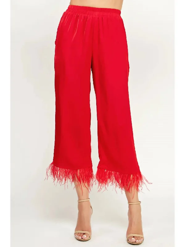 Style Redefined Foncy Feather Trim Pants In Crimson