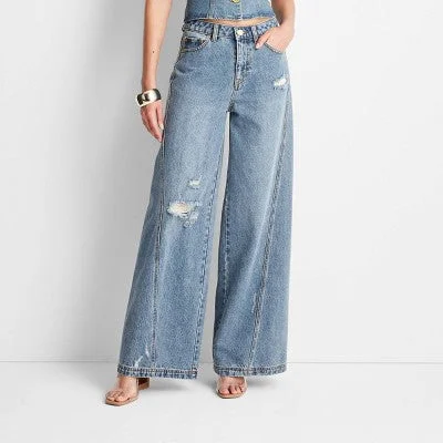 Stylish Spring Fashion New - Women's High-Rise Distressed Wide Leg Jeans - Future Collective™ with Jenee Naylor Medium Wash 2