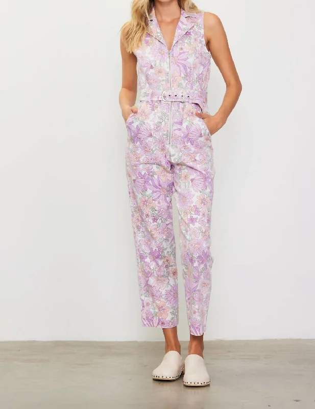 Premium Fashion Retro Floral Belted Zip Jumpsuit In Lavender