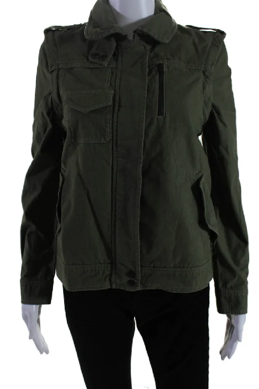 Seasonal Trends Aether Womens Cotton Textured Zip Lined Collar Button Jacket Army Green