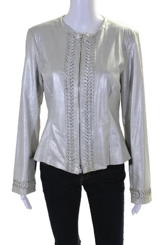 Feminine Charm Armani Collezioni Womens Leather Textured Braided Zipped Jacket White