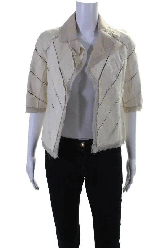 Effortless Comfort J. Mendel Womens Textured Fray Fur Lined Patchwork Thin Jacket Cream