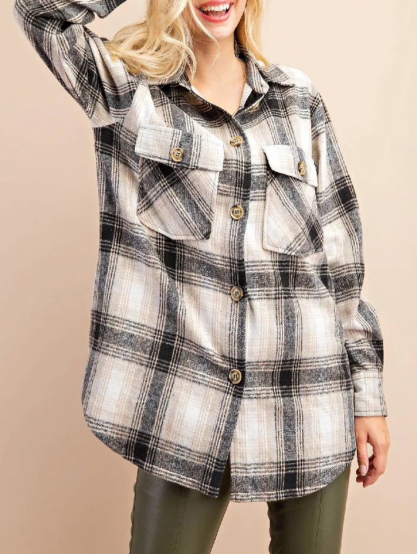 Fashion Forward Plaid Shirt Jacket In Black/tan