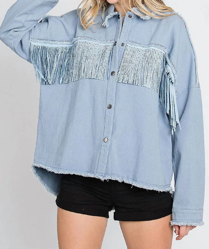 Chic Everyday Wear Rhinestone Fringe Detail Shirt Jacket In Blue