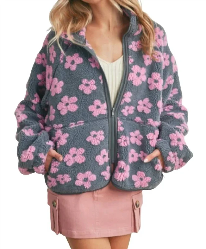 Discounts On Casual Weekend Styles Stand Up Collar Soft Fabric Daisy Jacket In Grey Pink